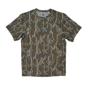 Camouflage-patterned Mossy Oak bottomland quick dry performance lightweight t-shirt on a white background