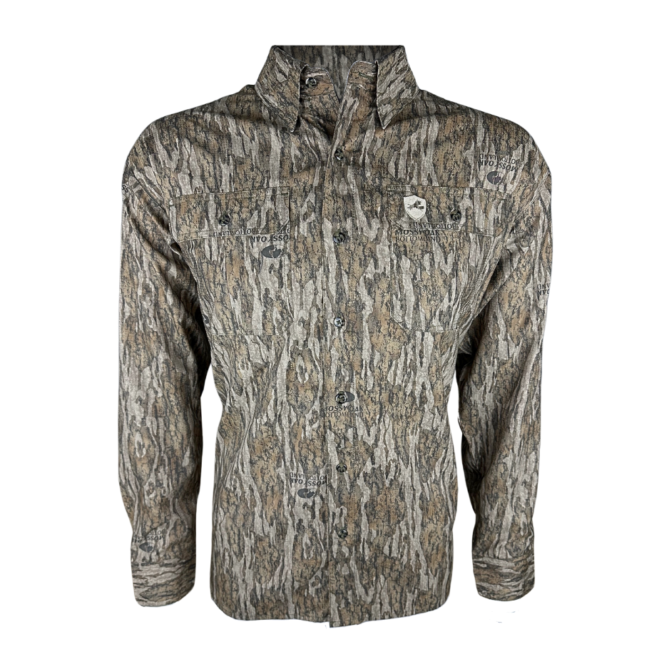 bottomland shirt, camo hunting, turkey hunting shirt, lightweight, nomad, ol tom, sika, mossy oak, stretch, breathable, best, old school, new, original, breathable, warm weather, dry fit,