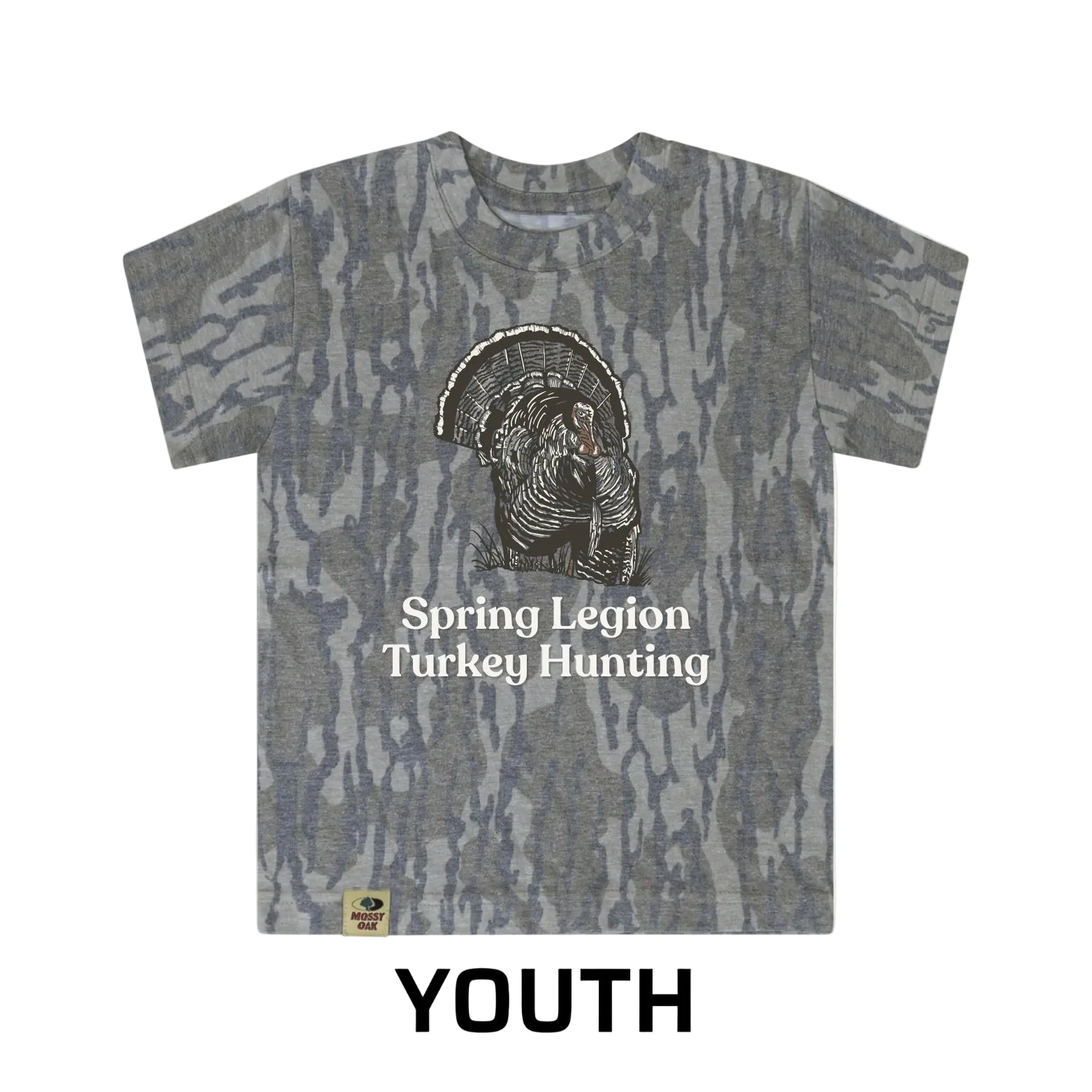 Camouflage t-shirt with turkey hunting design and text on a white background