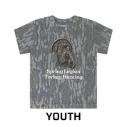 Camouflage t-shirt with turkey hunting design and text on a white background