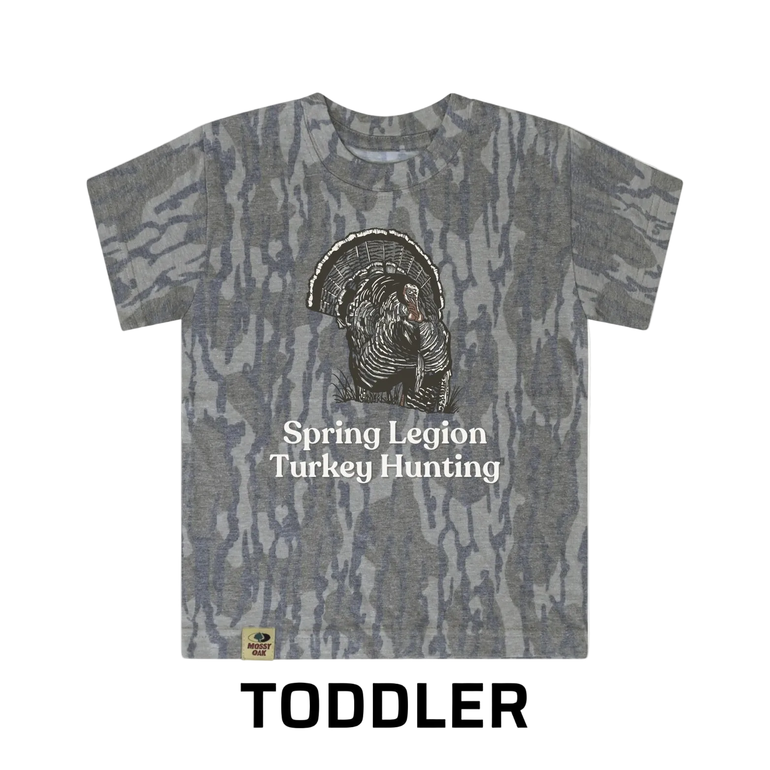 Camouflage toddler t-shirt with turkey hunting design and text on a white background