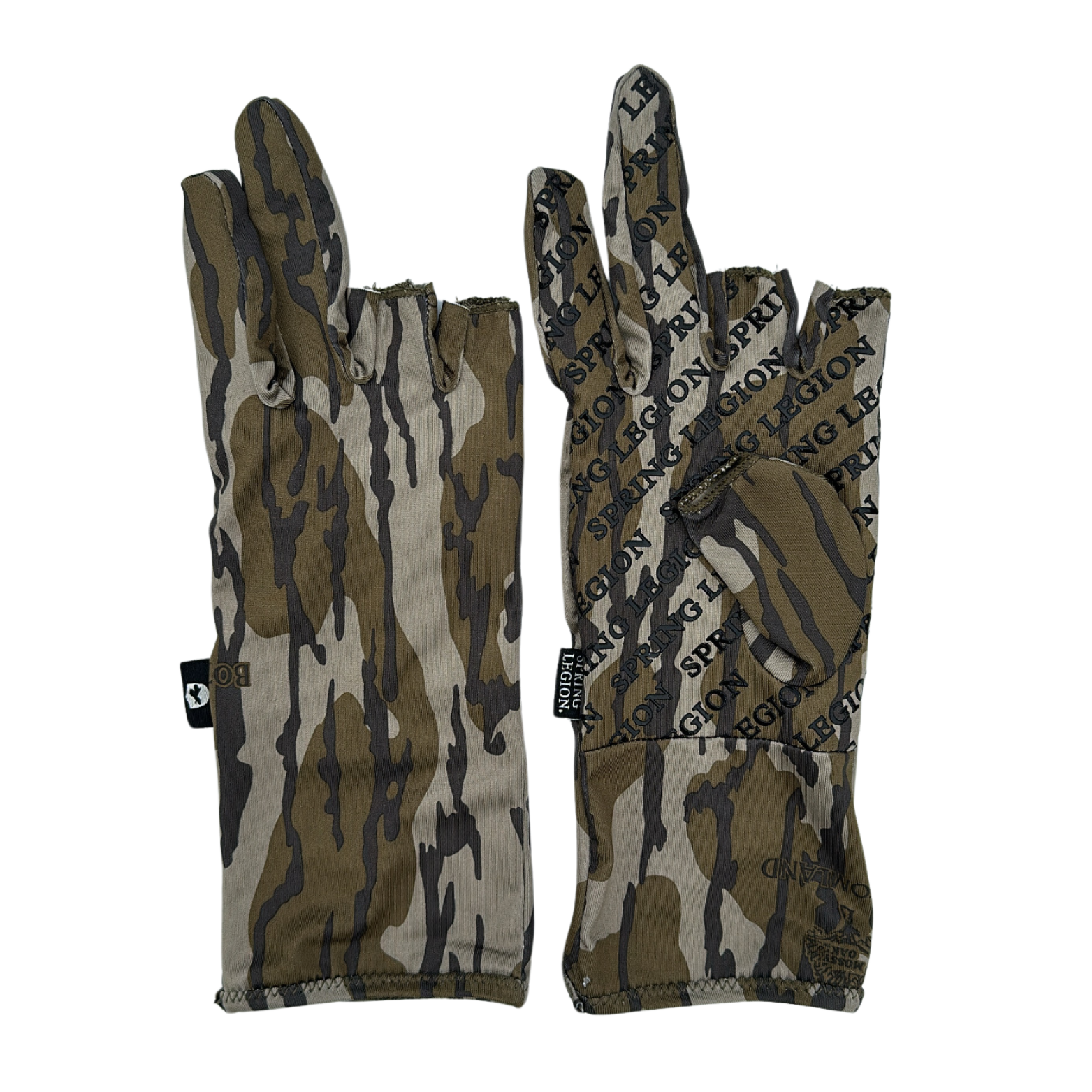 Spring Legion Fingerless Turkey Hunting Gloves in Mossy Oak Original Bottomland Long Cuff