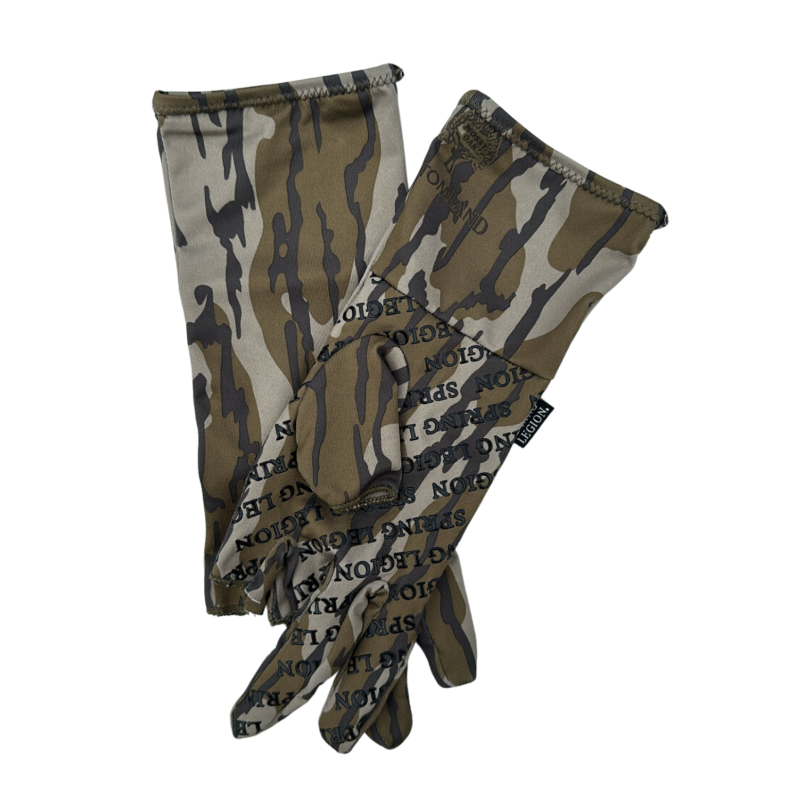 Spring Legion Fingerless Turkey Hunting Gloves in Mossy Oak Original Bottomland Long Cuff