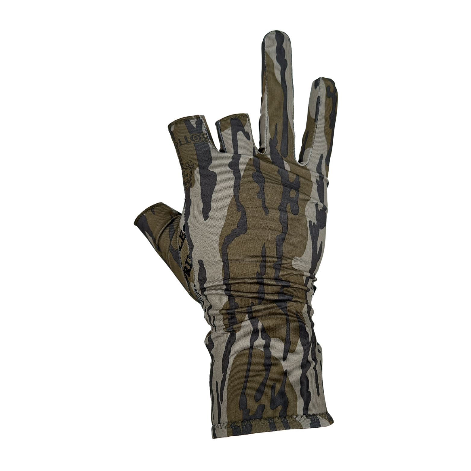 Spring Legion Fingerless Turkey Hunting Gloves in Mossy Oak Original Bottomland Long Cuff