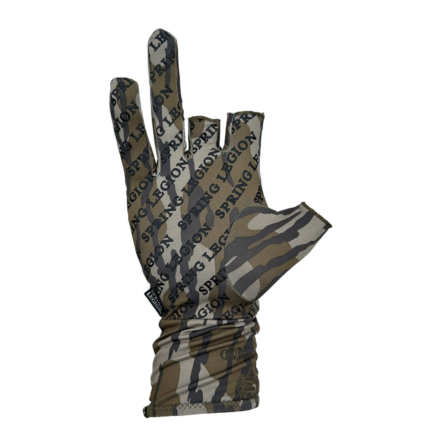 Spring Legion Fingerless Turkey Hunting Gloves in Mossy Oak Original Bottomland Long Cuff