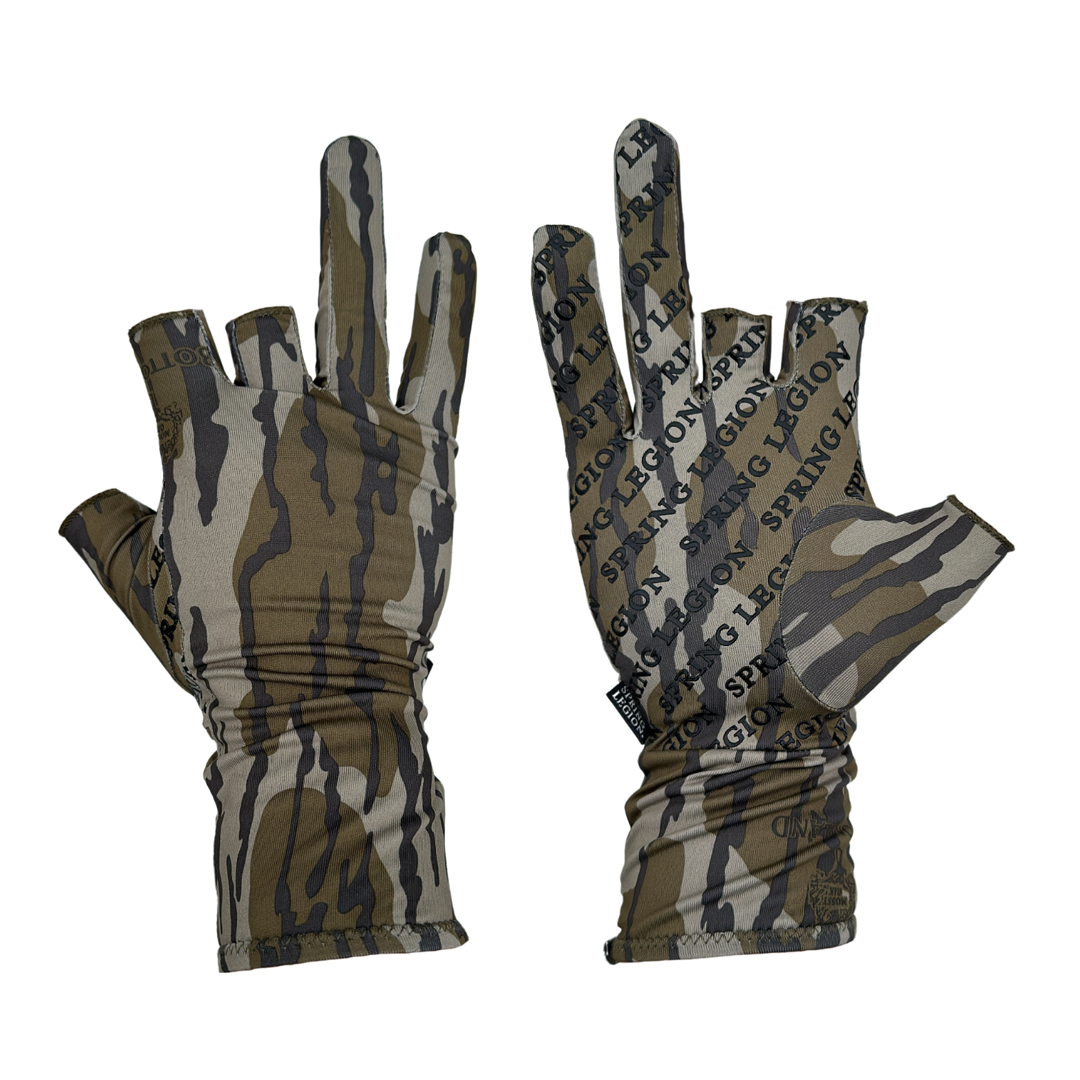 Spring Legion Fingerless Turkey Hunting Gloves in Mossy Oak Original Bottomland Long Cuff