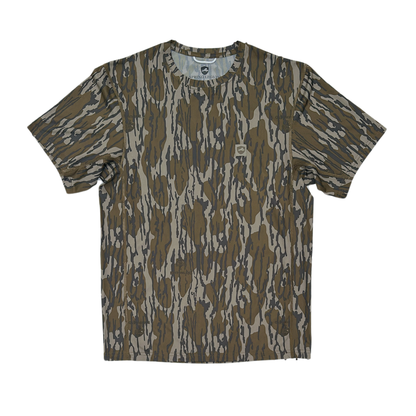 Camouflage-patterned Mossy Oak bottomland quick dry performance lightweight t-shirt on a white background