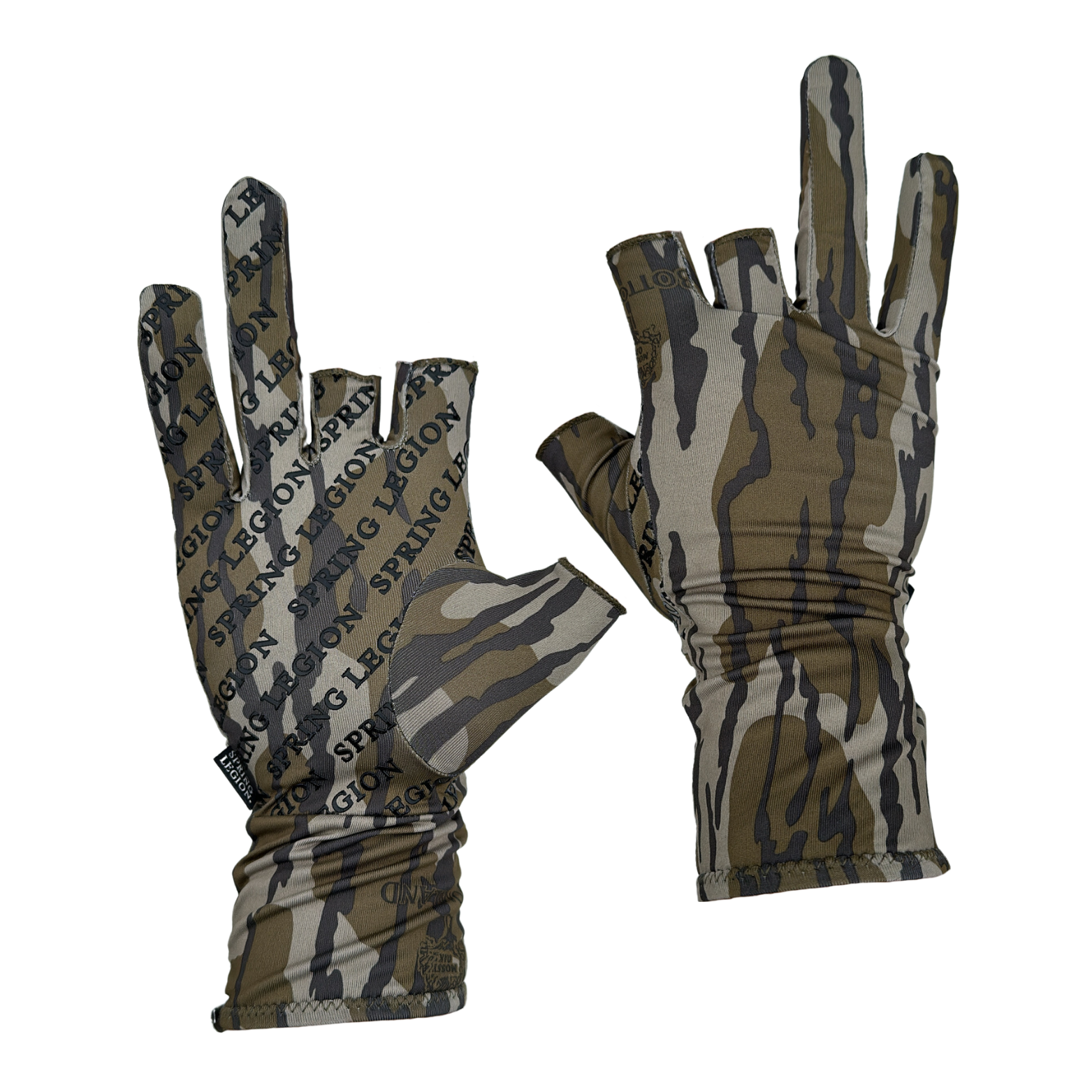 Spring Legion Fingerless Turkey Hunting Gloves in Mossy Oak Original Bottomland Long Cuff